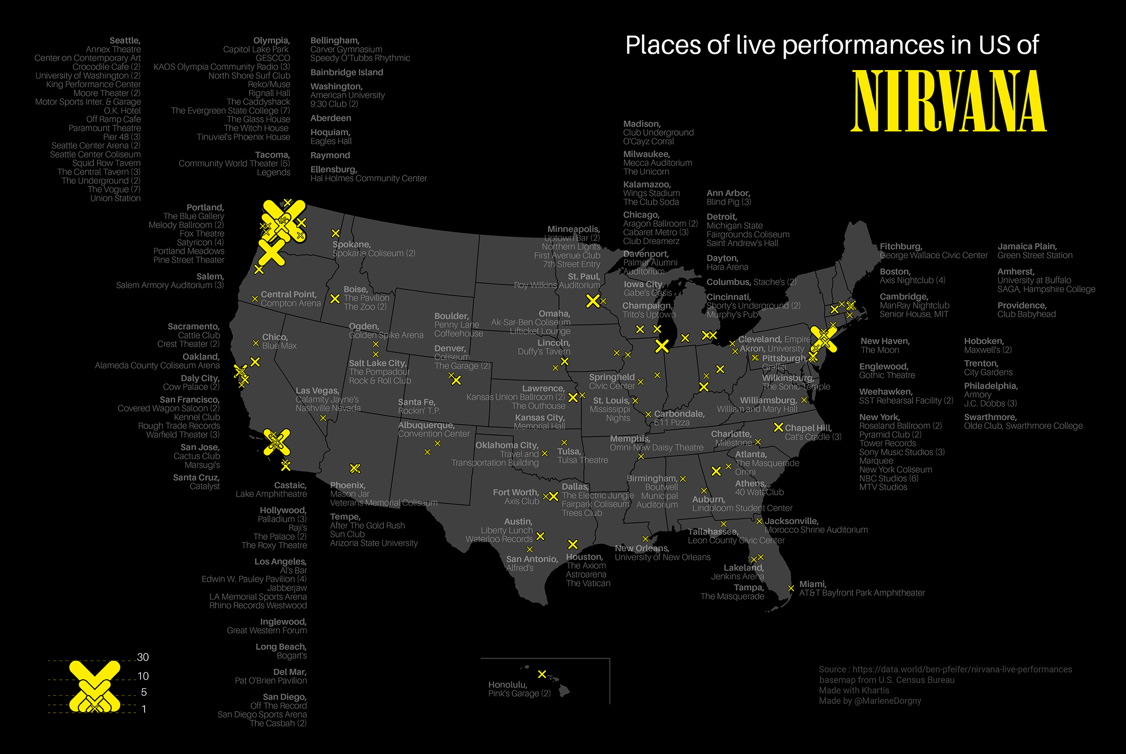 Cartographie des endroits où Nirvana a joué en live aux Etats-Unis