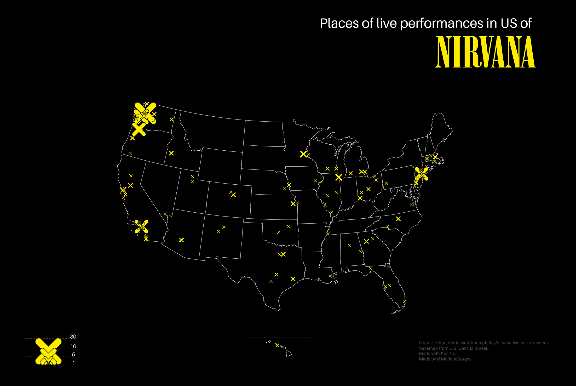 Cartographie des endroits où Nirvana a joué en live aux Etats-Unis